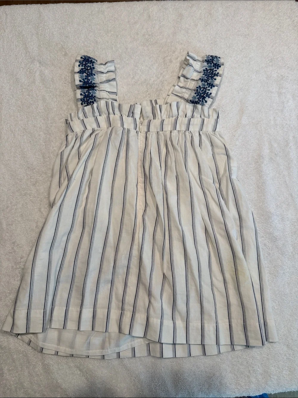Girls Tartine et Chocolat White Striped Sundress with Blue Floral Embroidery